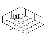 Room plan of Bedrooms kit 1: the floor, the walls, the exit and where the visitor stands.