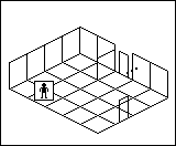 Room plan of Bedrooms kit 2: the floor, the walls, the exit and where the visitor stands.