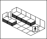 Room plan of Bedrooms kit 3: the floor, the walls, the exit and where the visitor stands.
