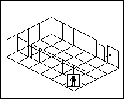 Room plan of Bedrooms kit 9: the floor, the walls, the exit and where the visitor stands.