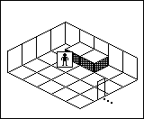 Room plan of Kitchens kit 1: the floor, the walls, the exit and where the visitor stands.