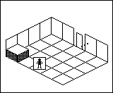 Room plan of Kitchens kit 2: the floor, the walls, the exit and where the visitor stands.