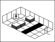Room plan of Kitchens kit 5: the floor, the walls, the exit and where the visitor stands.