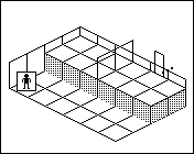 Room plan of Kitchens kit 6: the floor, the walls, the exit and where the visitor stands.