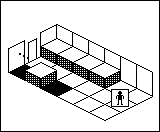 Room plan of Kitchens kit 7: the floor, the walls, the exit and where the visitor stands.