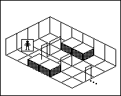 Room plan of Kitchens kit 8: the floor, the walls, the exit and where the visitor stands.