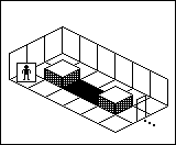 Room plan of Kitchens kit 9: the floor, the walls, the exit and where the visitor stands.