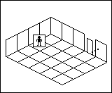 Room plan of Lighting kit 1: the floor, the walls, the exit and where the visitor stands.
