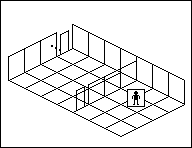 Room plan of Lighting kit 3: the floor, the walls, the exit and where the visitor stands.