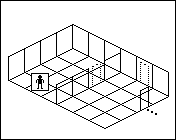 Room plan of Lighting kit 4: the floor, the walls, the exit and where the visitor stands.
