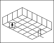 Room plan of Lighting kit 5: the floor, the walls, the exit and where the visitor stands.