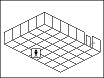 Room plan of Lighting kit 6: the floor, the walls, the exit and where the visitor stands.