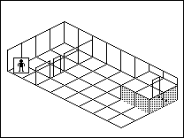 Room plan of Lighting kit 7: the floor, the walls, the exit and where the visitor stands.