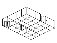 Room plan of Lighting kit 8: the floor, the walls, the exit and where the visitor stands.