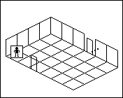 Room plan of Lighting kit 9: the floor, the walls, the exit and where the visitor stands.