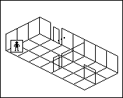 Room plan of Lighting kit 10: the floor, the walls, the exit and where the visitor stands.