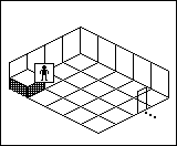 Room plan of Warehouse kit 1: the floor, the walls, the exit and where the visitor stands.