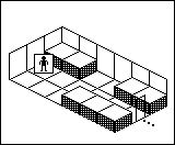 Room plan of Warehouse kit 2: the floor, the walls, the exit and where the visitor stands.