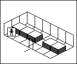 Room plan of Warehouse kit 3: the floor, the walls, the exit and where the visitor stands.