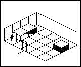 Room plan of Warehouse kit 4: the floor, the walls, the exit and where the visitor stands.