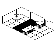 Room plan of Warehouse kit 5: the floor, the walls, the exit and where the visitor stands.