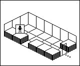 Room plan of Warehouse kit 6: the floor, the walls, the exit and where the visitor stands.