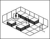 Room plan of Warehouse kit 7: the floor, the walls, the exit and where the visitor stands.