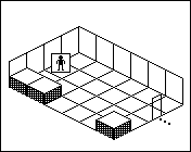 Room plan of Warehouse kit 8: the floor, the walls, the exit and where the visitor stands.