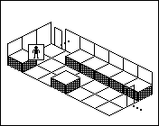 Room plan of Warehouse kit 9: the floor, the walls, the exit and where the visitor stands.