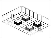 Room plan of Warehouse kit 10: the floor, the walls, the exit and where the visitor stands.